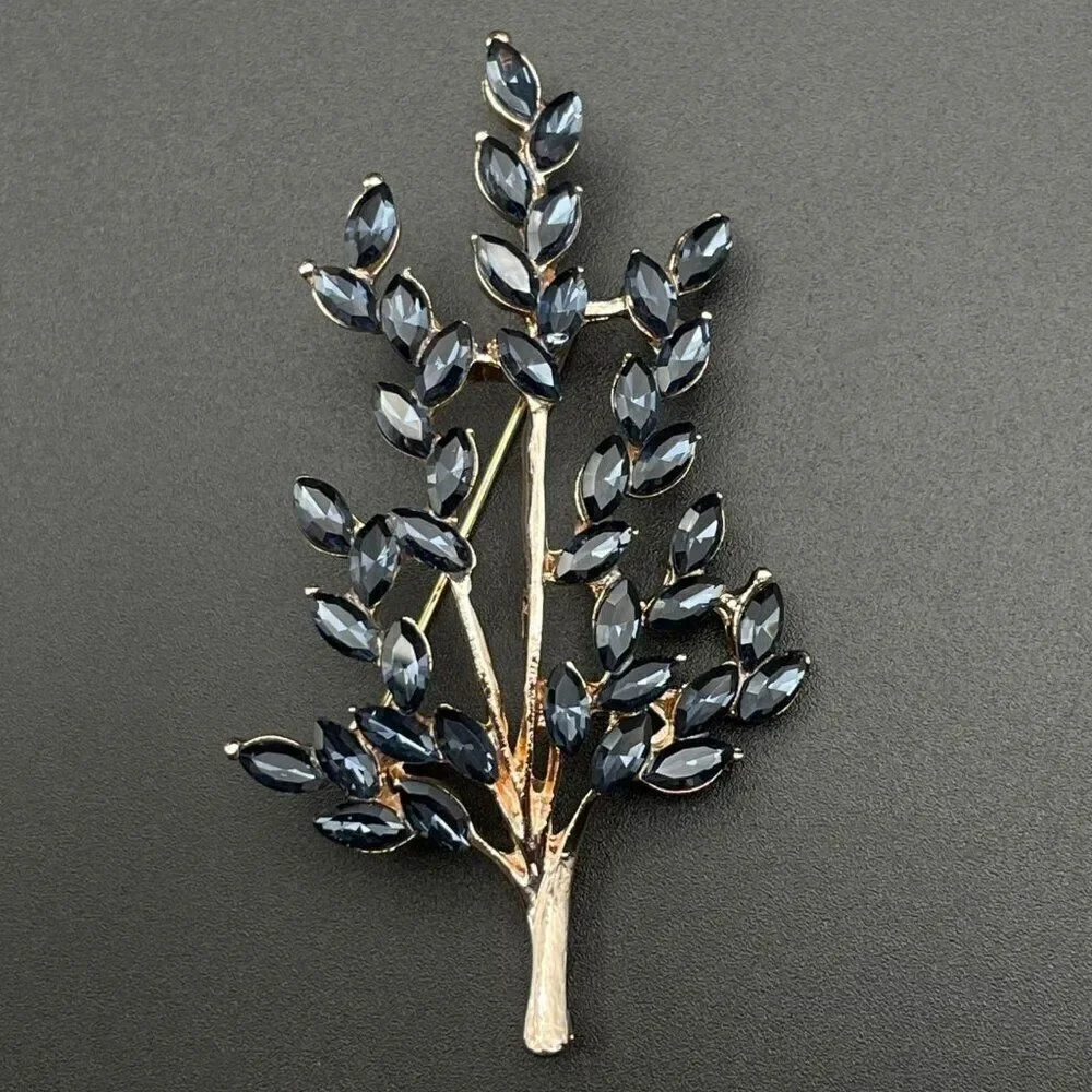 Rose Gold with Blue Sapphire Crystal Tree Branch with Leaves Pin Back Brooch